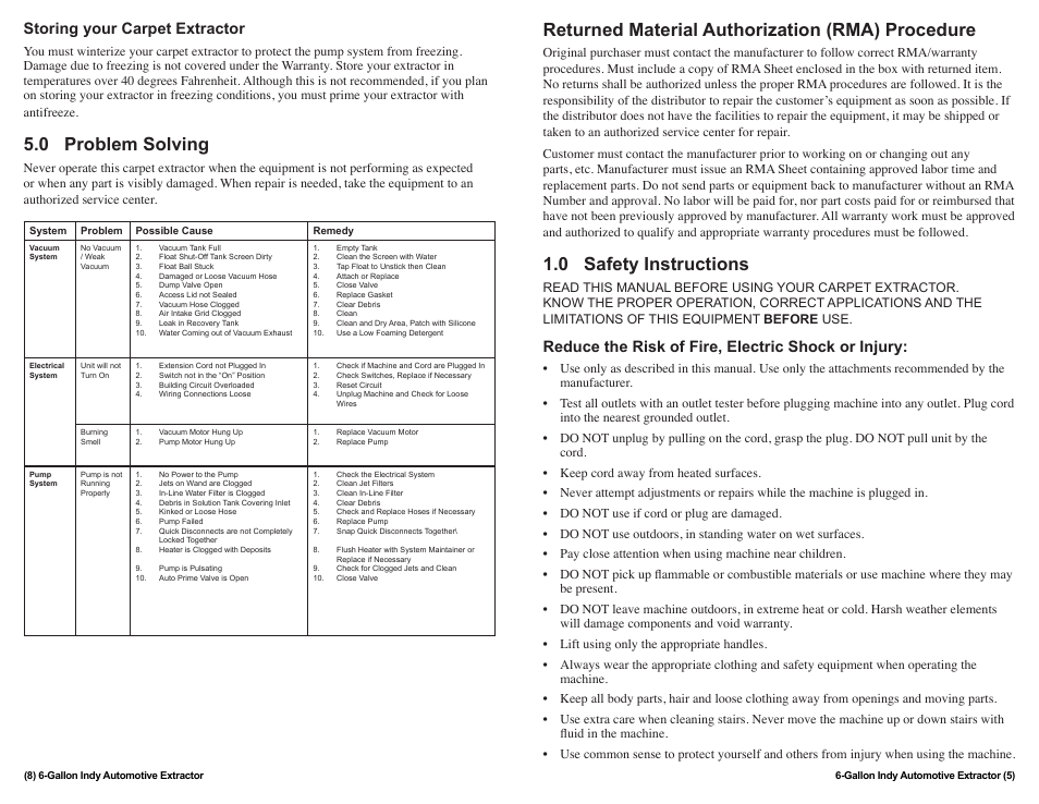 Returned material authorization (rma) procedure, 0 safety instructions, 0 problem solving | Reduce the risk of fire, electric shock or injury, Storing your carpet extractor | Sandia 6-Gallon Indy Automotive Extractor with Heat User Manual | Page 5 / 6