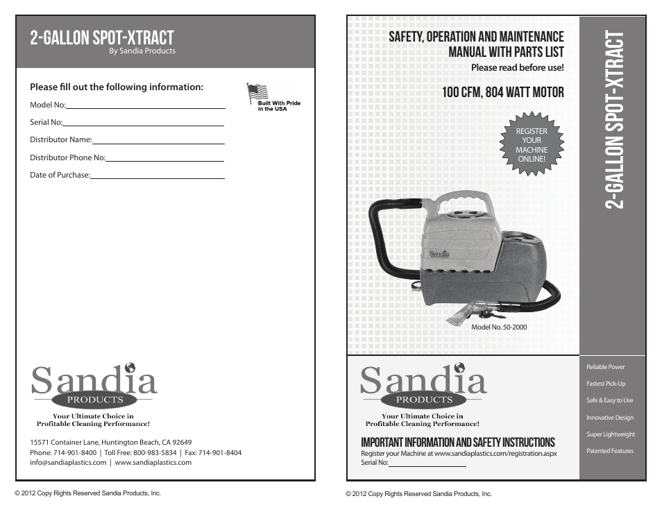 Sandia 2-Gallon Spot Extractor User Manual | 6 pages