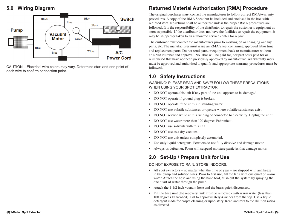 0 wiring diagram, Returned material authorization (rma) procedure, 0 safety instructions | 0 set-up / prepare unit for use | Sandia 2-Gallon Spot Extractor User Manual | Page 5 / 6