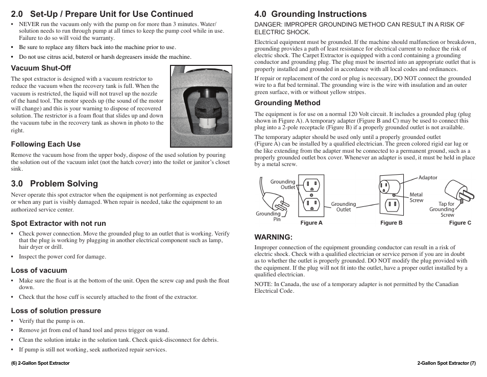 0 set-up / prepare unit for use continued, 0 problem solving, 0 grounding instructions | Sandia 2-Gallon Spot Extractor User Manual | Page 6 / 6
