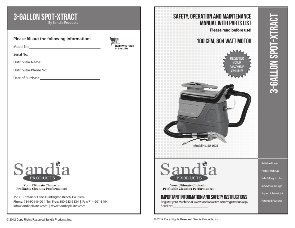 Sandia 3-Gallon Spot Extractor User Manual | 6 pages