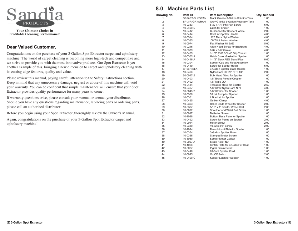 0 machine parts list, Dear valued customer | Sandia 3-Gallon Spot Extractor User Manual | Page 2 / 6