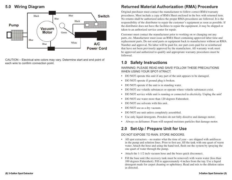 0 wiring diagram, Returned material authorization (rma) procedure, 0 safety instructions | 0 set-up / prepare unit for use | Sandia 3-Gallon Spot Extractor User Manual | Page 5 / 6