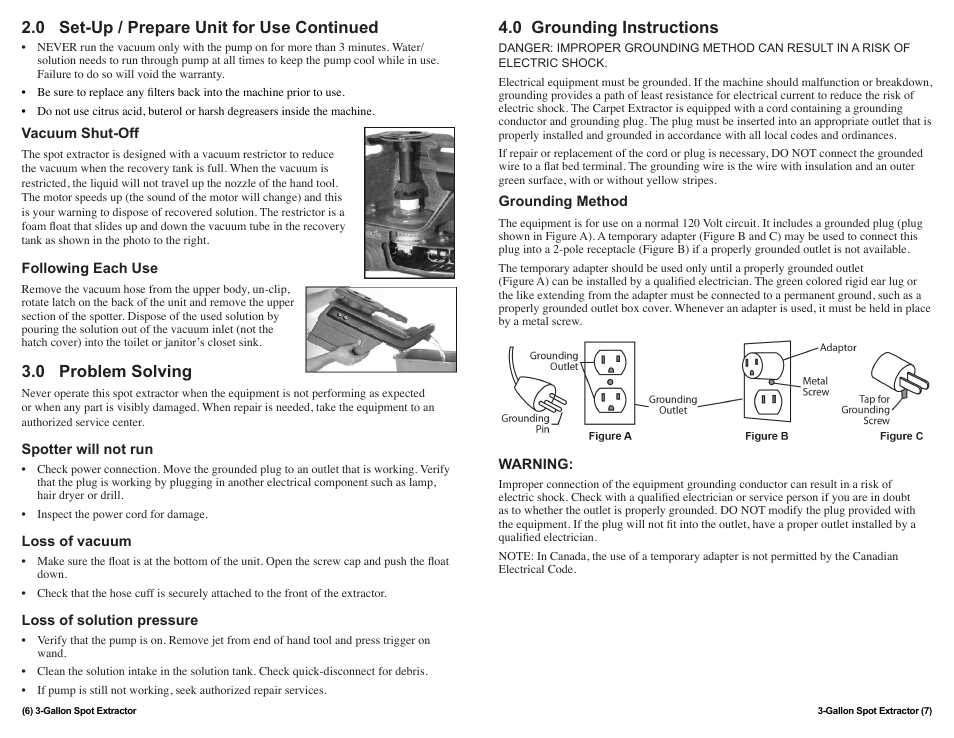 0 set-up / prepare unit for use continued, 0 problem solving, 0 grounding instructions | Sandia 3-Gallon Spot Extractor User Manual | Page 6 / 6