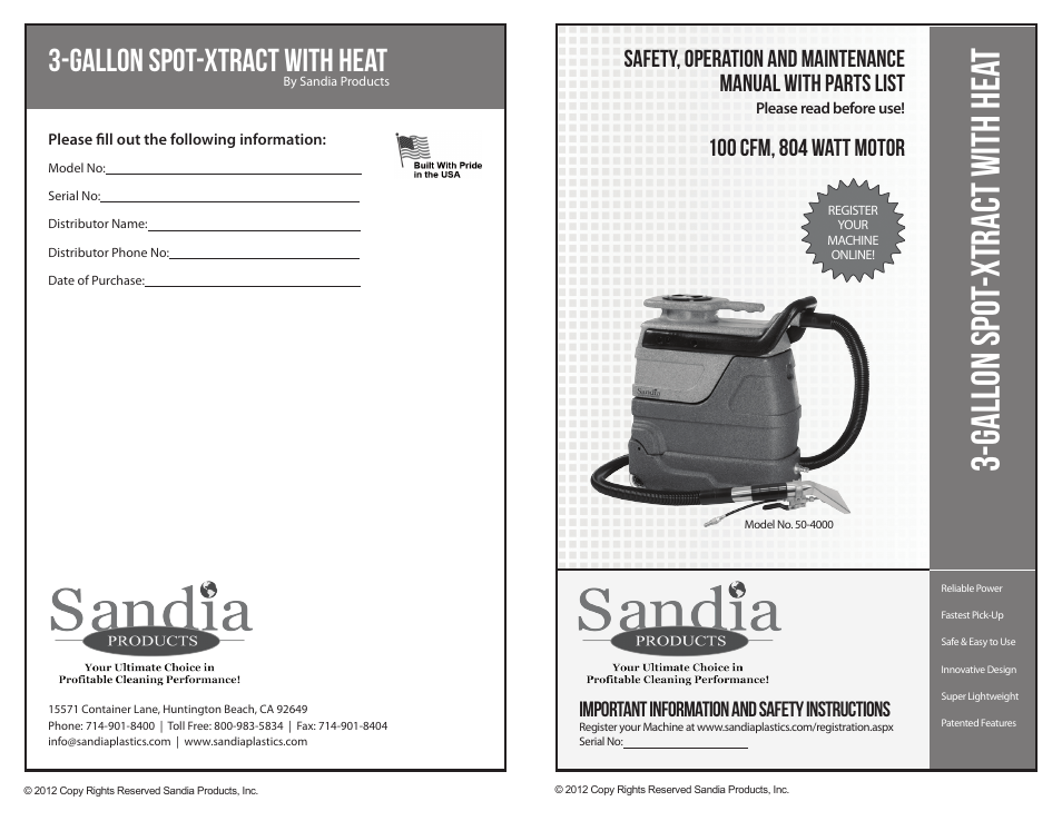 Sandia 3-Gallon Spot Extractor User Manual | 6 pages