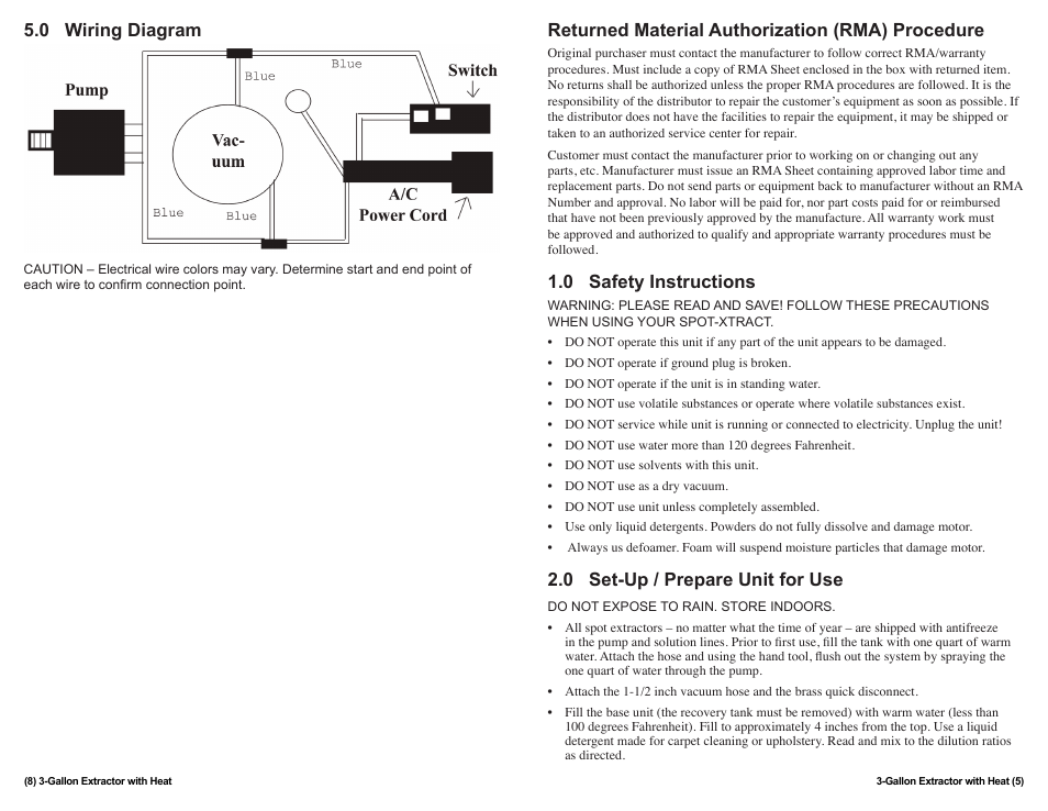 0 wiring diagram, Returned material authorization (rma) procedure, 0 safety instructions | 0 set-up / prepare unit for use | Sandia 3-Gallon Spot Extractor User Manual | Page 5 / 6