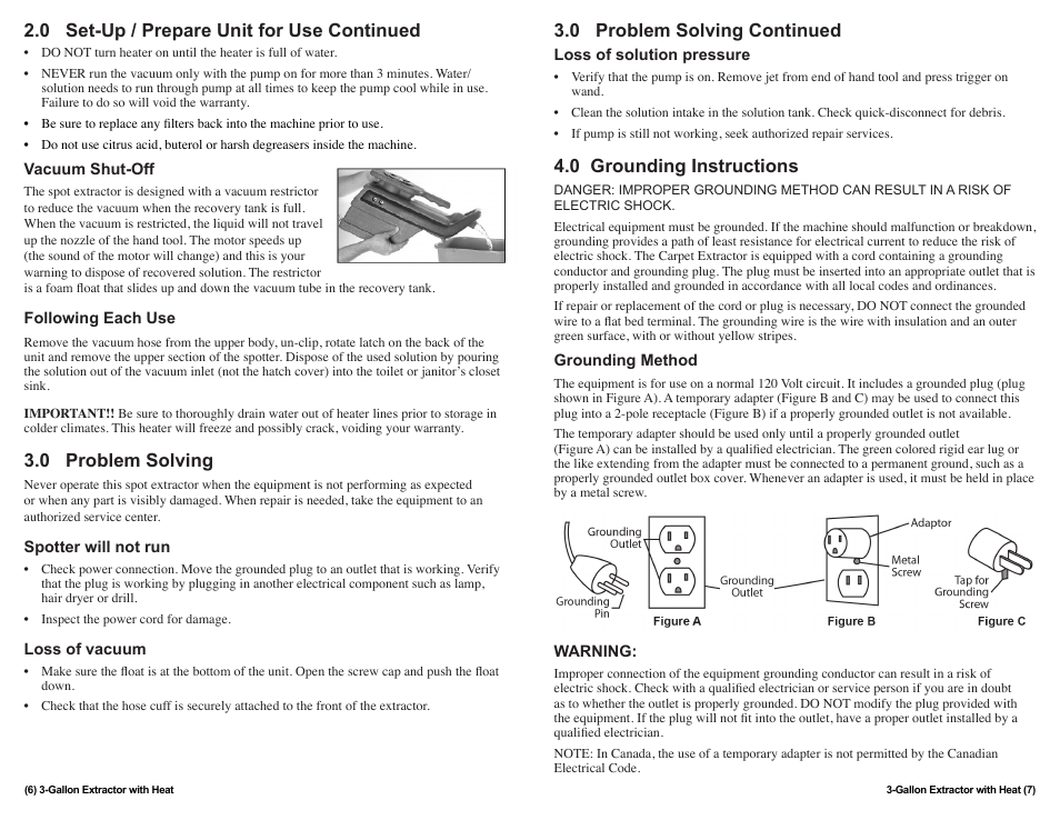 0 set-up / prepare unit for use continued, 0 problem solving, 0 problem solving continued | 0 grounding instructions | Sandia 3-Gallon Spot Extractor User Manual | Page 6 / 6