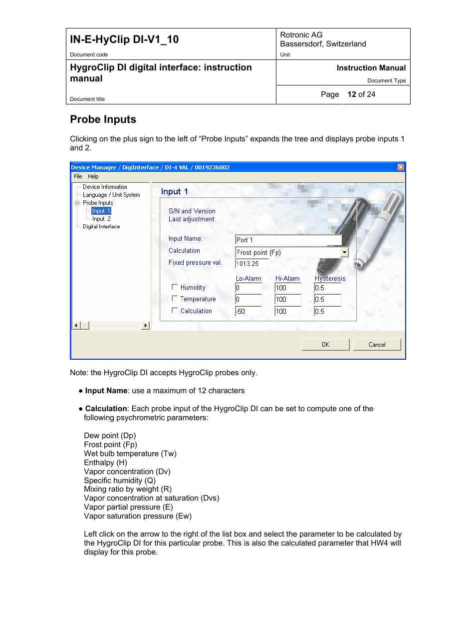 In-e-hyclip di-v1_10, Probe inputs, Hygroclip di digital interface: instruction manual | Digi HygroClip DI digital interface User Manual | Page 12 / 24