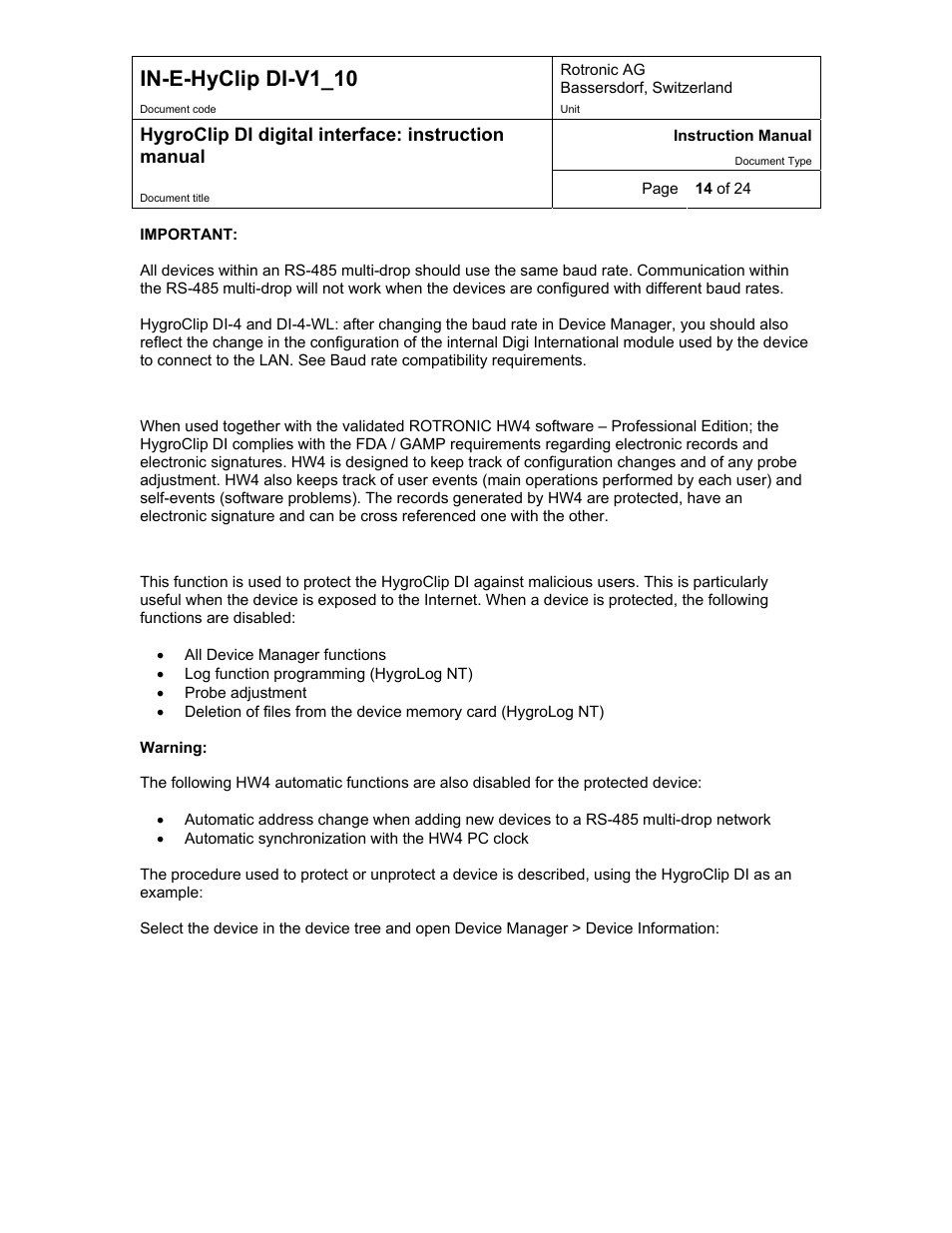 Compliance with fda 21cfr part ii and gamp, Device protection, In-e-hyclip di-v1_10 | 3 compliance with fda 21cfr part ii and gamp, 4 device protection | Digi HygroClip DI digital interface User Manual | Page 14 / 24