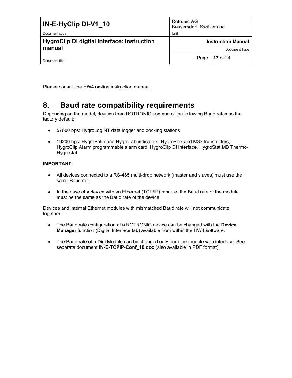 Probe adjustment, Baud rate compatibility requirements, In-e-hyclip di-v1_10 | 5 probe adjustment | Digi HygroClip DI digital interface User Manual | Page 17 / 24