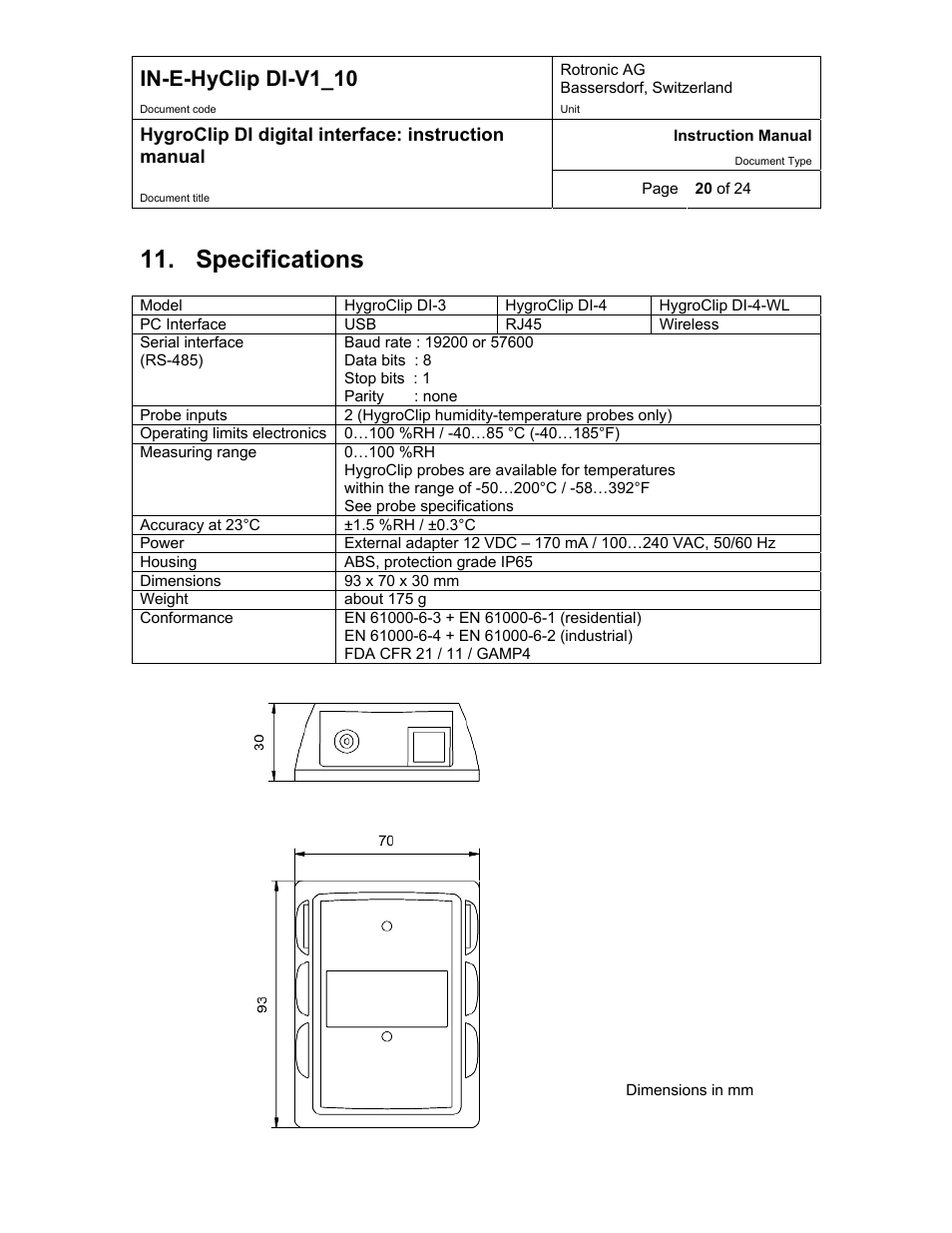 Specifications, In-e-hyclip di-v1_10 | Digi HygroClip DI digital interface User Manual | Page 20 / 24