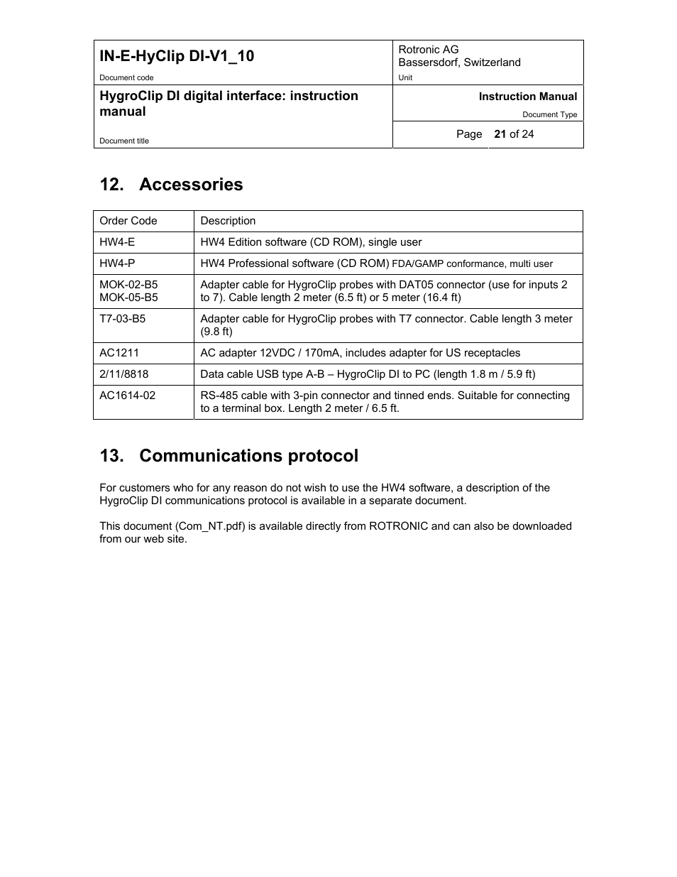 Accessories, Communications protocol, In-e-hyclip di-v1_10 | Digi HygroClip DI digital interface User Manual | Page 21 / 24