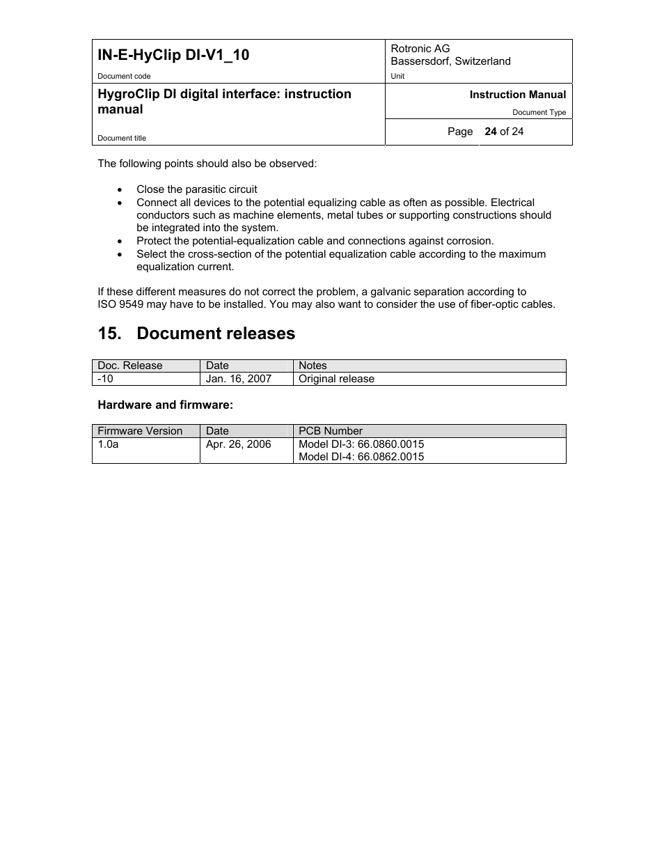 Document releases, In-e-hyclip di-v1_10 | Digi HygroClip DI digital interface User Manual | Page 24 / 24