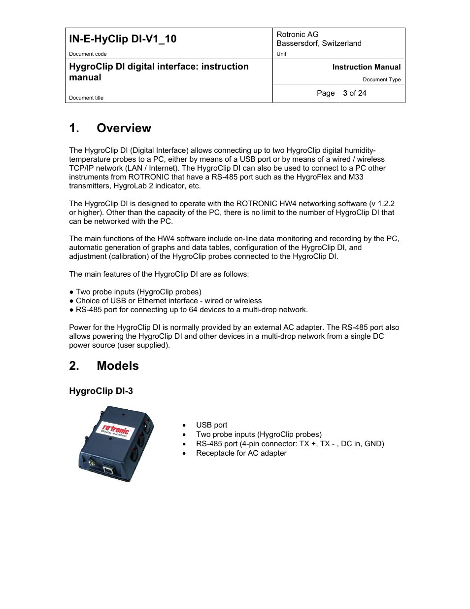 Overview, Models, In-e-hyclip di-v1_10 | Digi HygroClip DI digital interface User Manual | Page 3 / 24