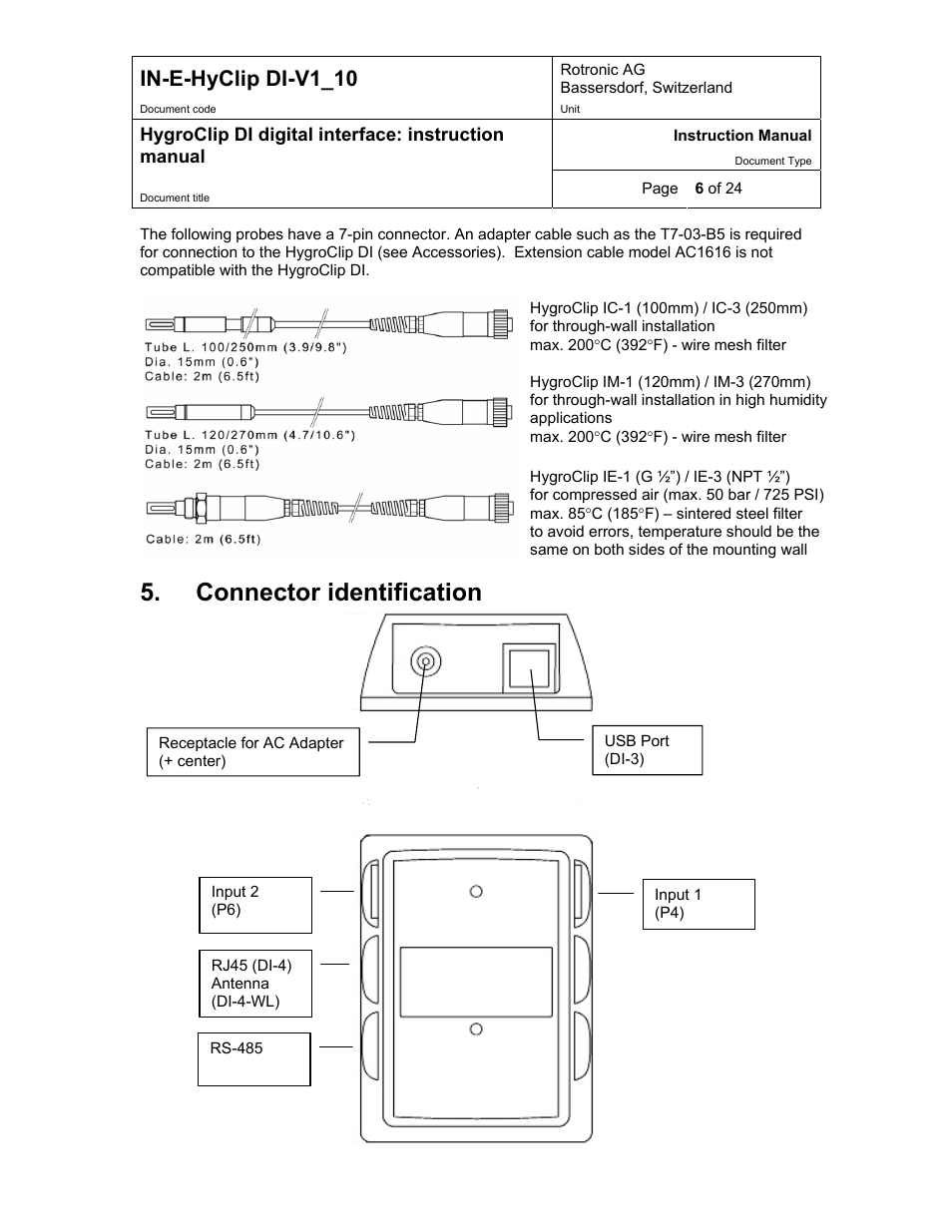 Connector identification, In-e-hyclip di-v1_10 | Digi HygroClip DI digital interface User Manual | Page 6 / 24