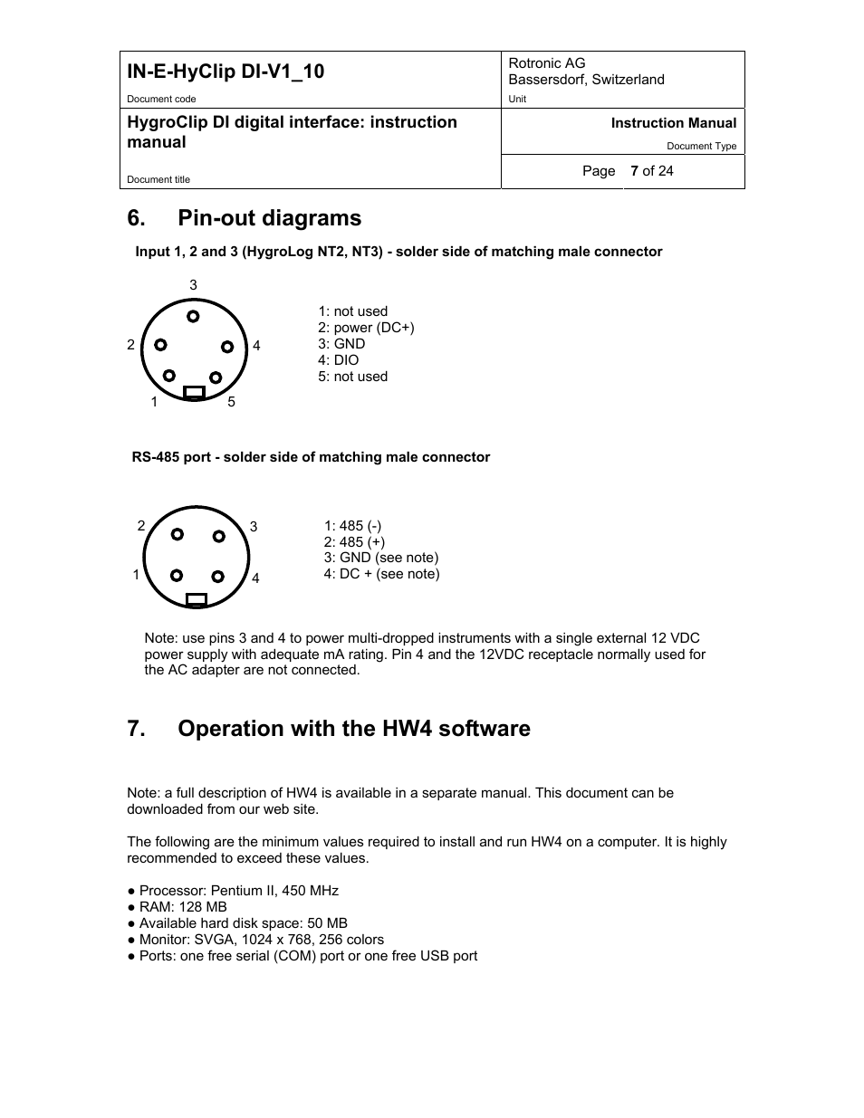 Pin-out diagrams, Operation with the hw4 software, Hw4 software requirements | In-e-hyclip di-v1_10, 1 hw4 software requirements | Digi HygroClip DI digital interface User Manual | Page 7 / 24