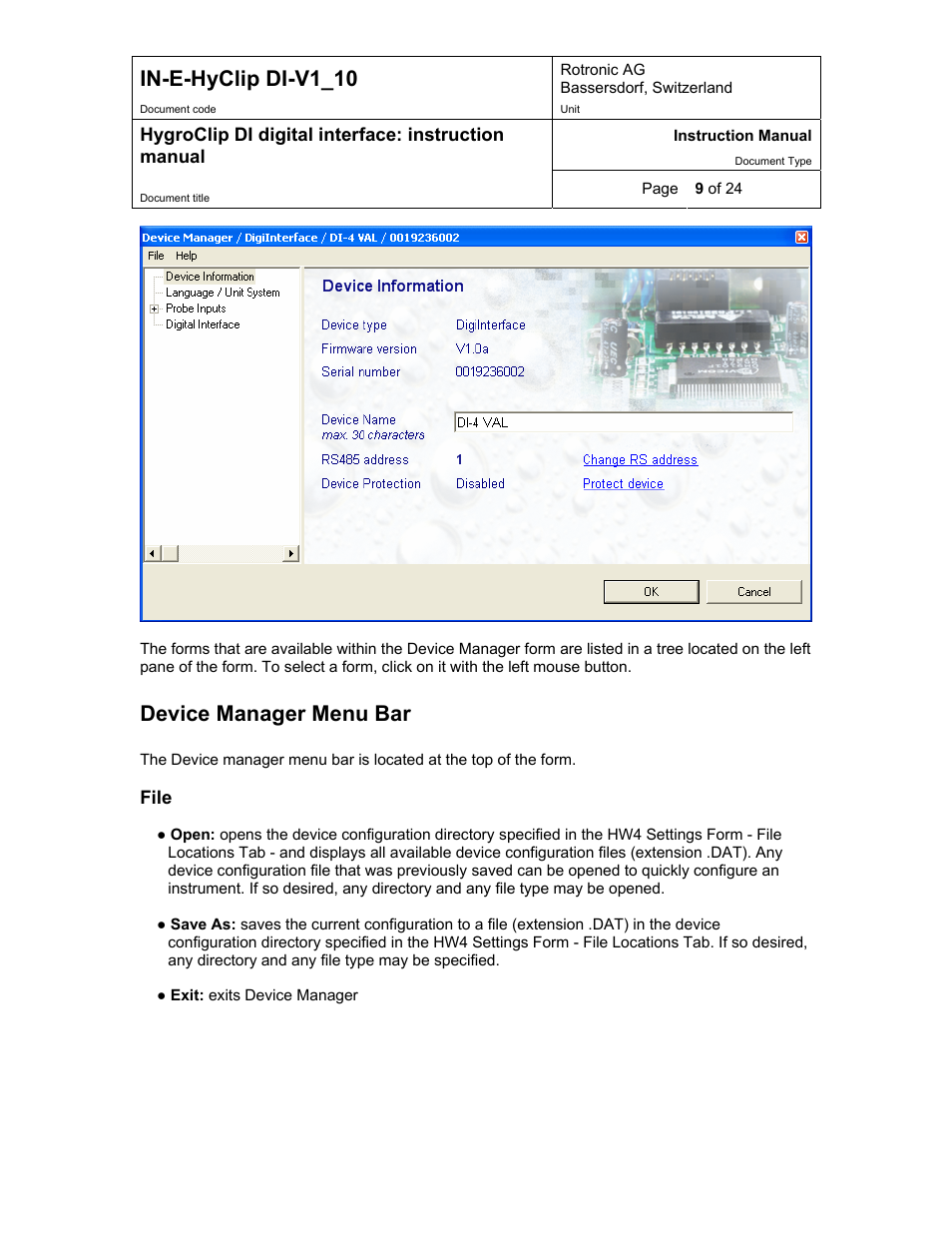 In-e-hyclip di-v1_10, Device manager menu bar | Digi HygroClip DI digital interface User Manual | Page 9 / 24