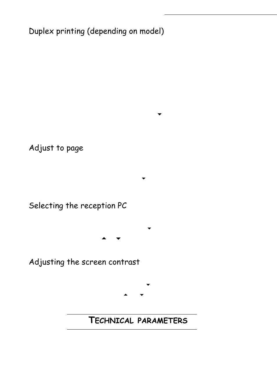 Duplex printing (depending on model), Adjust to page, Selecting the reception pc | Adjusting the screen contrast, Echnical, Parameters | TA Triumph-Adler CLP 4416 User Manual | Page 48 / 166