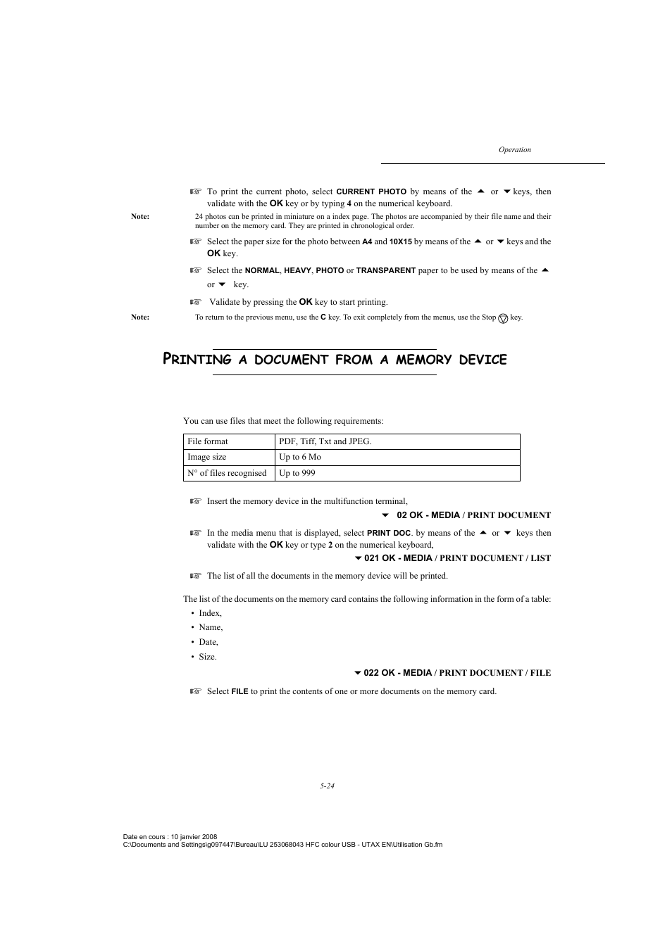 Printing a document from a memory device, Supported document files, Rinting | Document, From, Device | TA Triumph-Adler CLP 4524 User Manual | Page 100 / 162