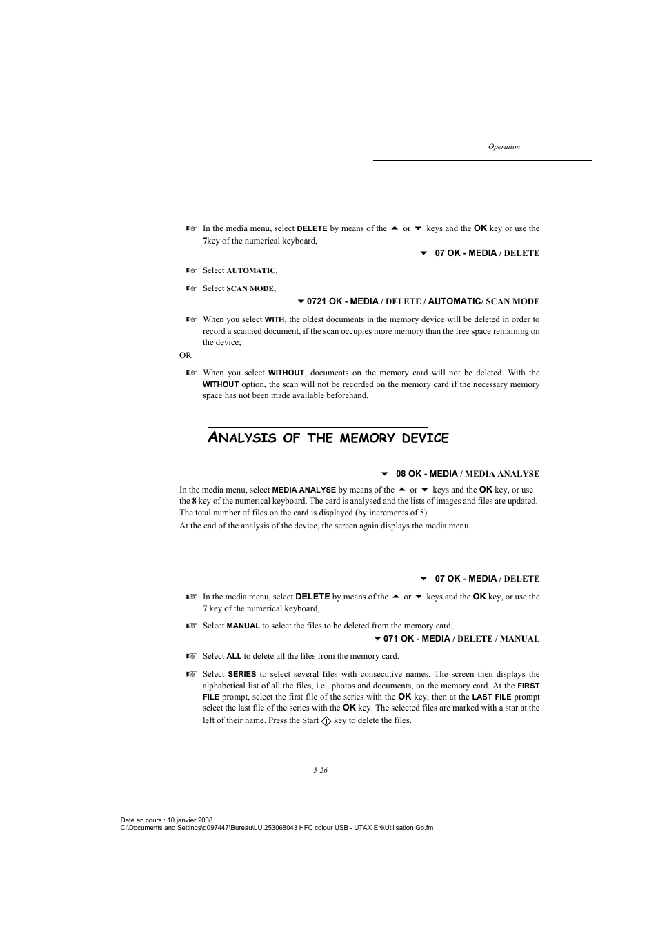Analysis of the memory device, Deleting a document from the device, Nalysis | Device | TA Triumph-Adler CLP 4524 User Manual | Page 102 / 162