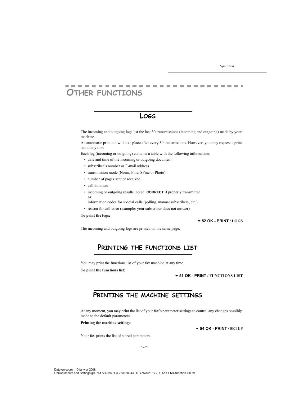 Other functions, Logs, Printing the functions list | Printing the machine settings, Ther, Functions | TA Triumph-Adler CLP 4524 User Manual | Page 104 / 162
