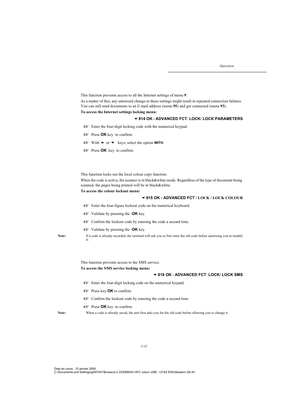 Locking the internet settings, Colour lockout, Locking the sms service | TA Triumph-Adler CLP 4524 User Manual | Page 108 / 162
