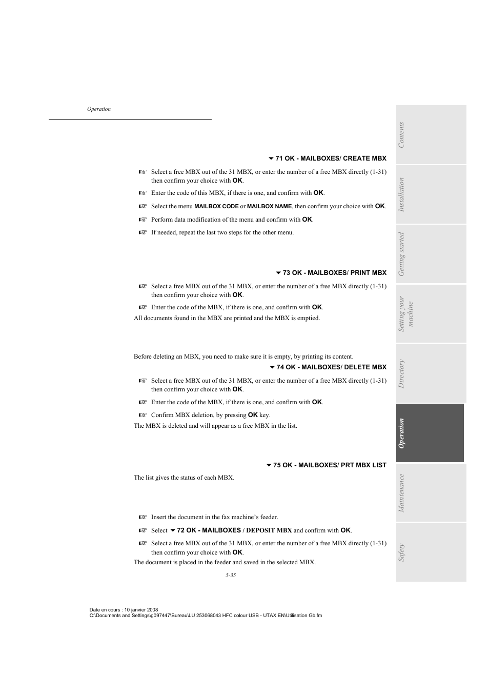 Modifying the features of a mbx, Printing the contents of a mbx, Deleting a mbx | Printing the mbx list, Mbx deposit in your fax | TA Triumph-Adler CLP 4524 User Manual | Page 111 / 162