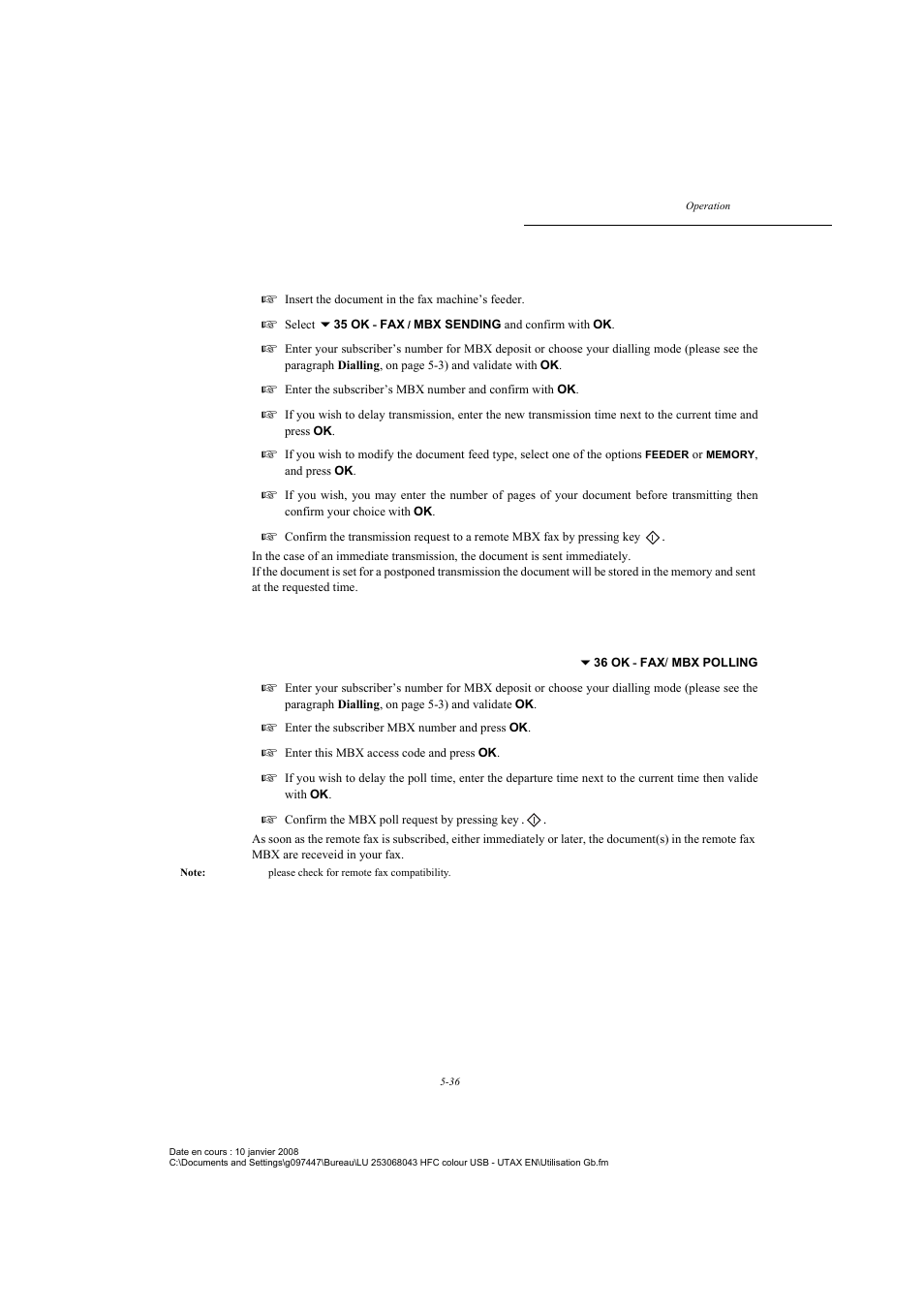 Mbx deposit in a remote fax, Mbx polling from a remote fax, P. 5-36 | TA Triumph-Adler CLP 4524 User Manual | Page 112 / 162