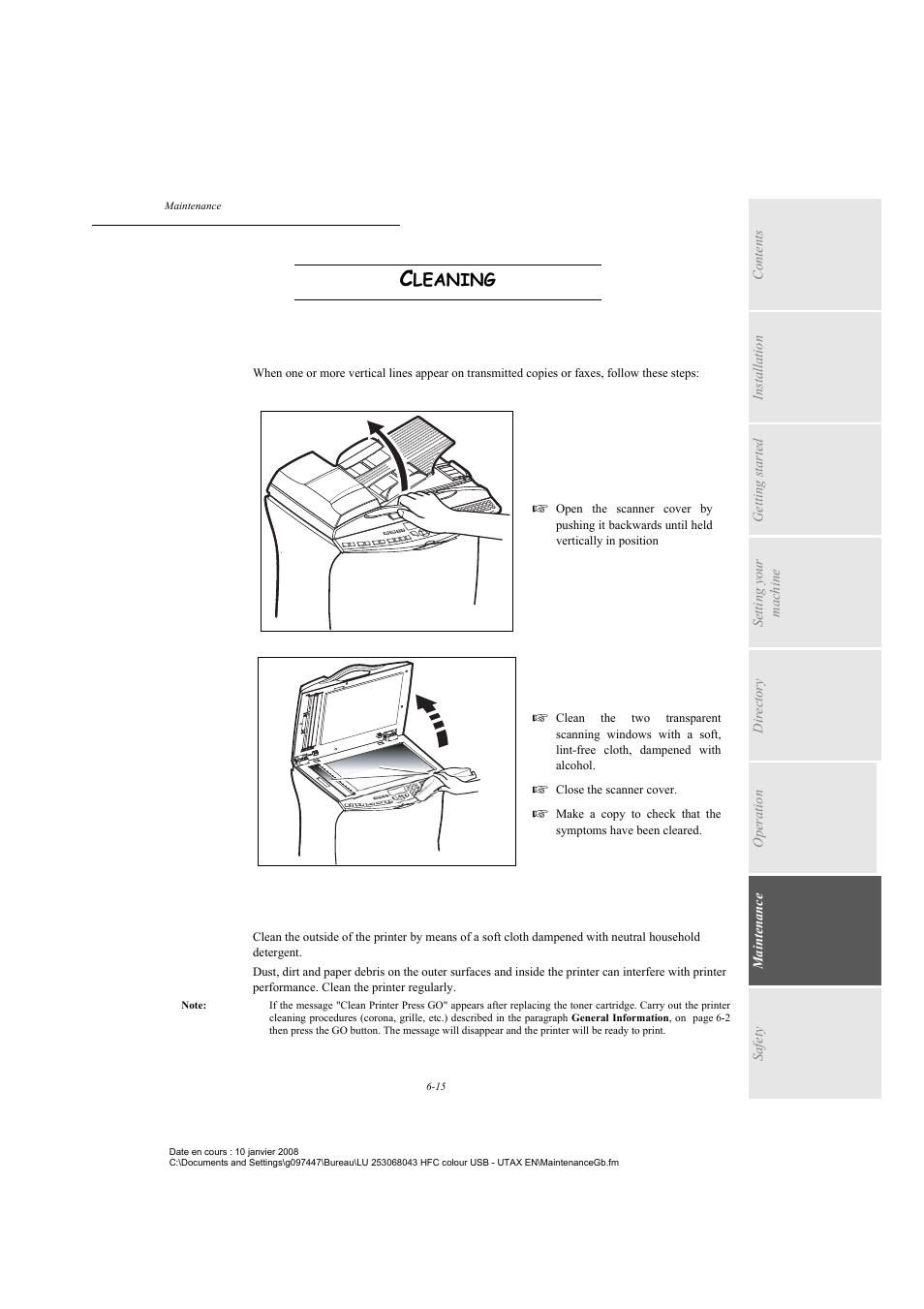 Cleaning, Cleaning the scanner’s reading devices, Cleaning the printer | Leaning | TA Triumph-Adler CLP 4524 User Manual | Page 127 / 162