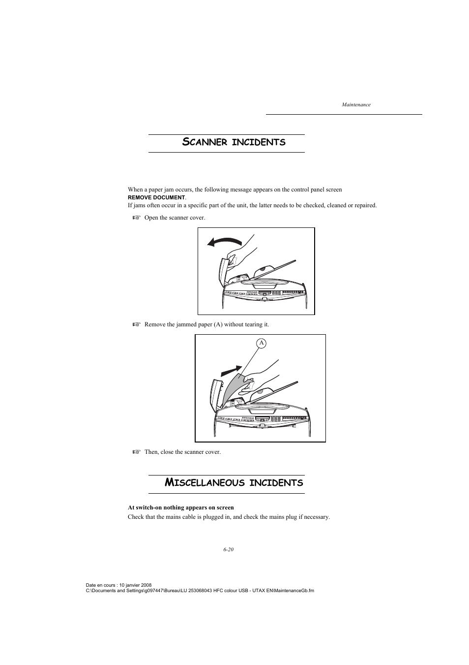 Scanner incidents, Scanner paper jam, Miscellaneous incidents | Canner, Incidents, Iscellaneous | TA Triumph-Adler CLP 4524 User Manual | Page 132 / 162