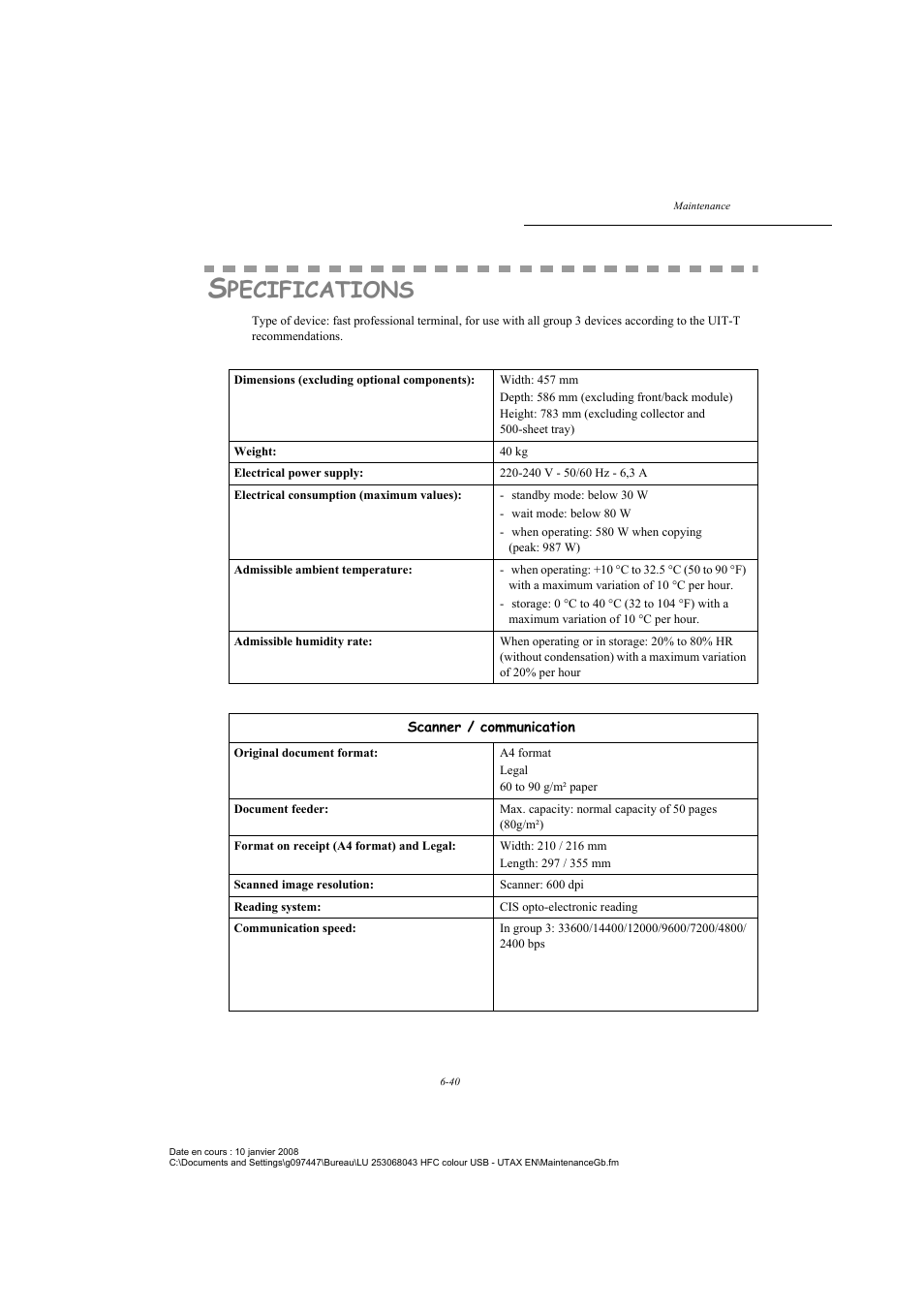 Specifications, Pecifications | TA Triumph-Adler CLP 4524 User Manual | Page 152 / 162