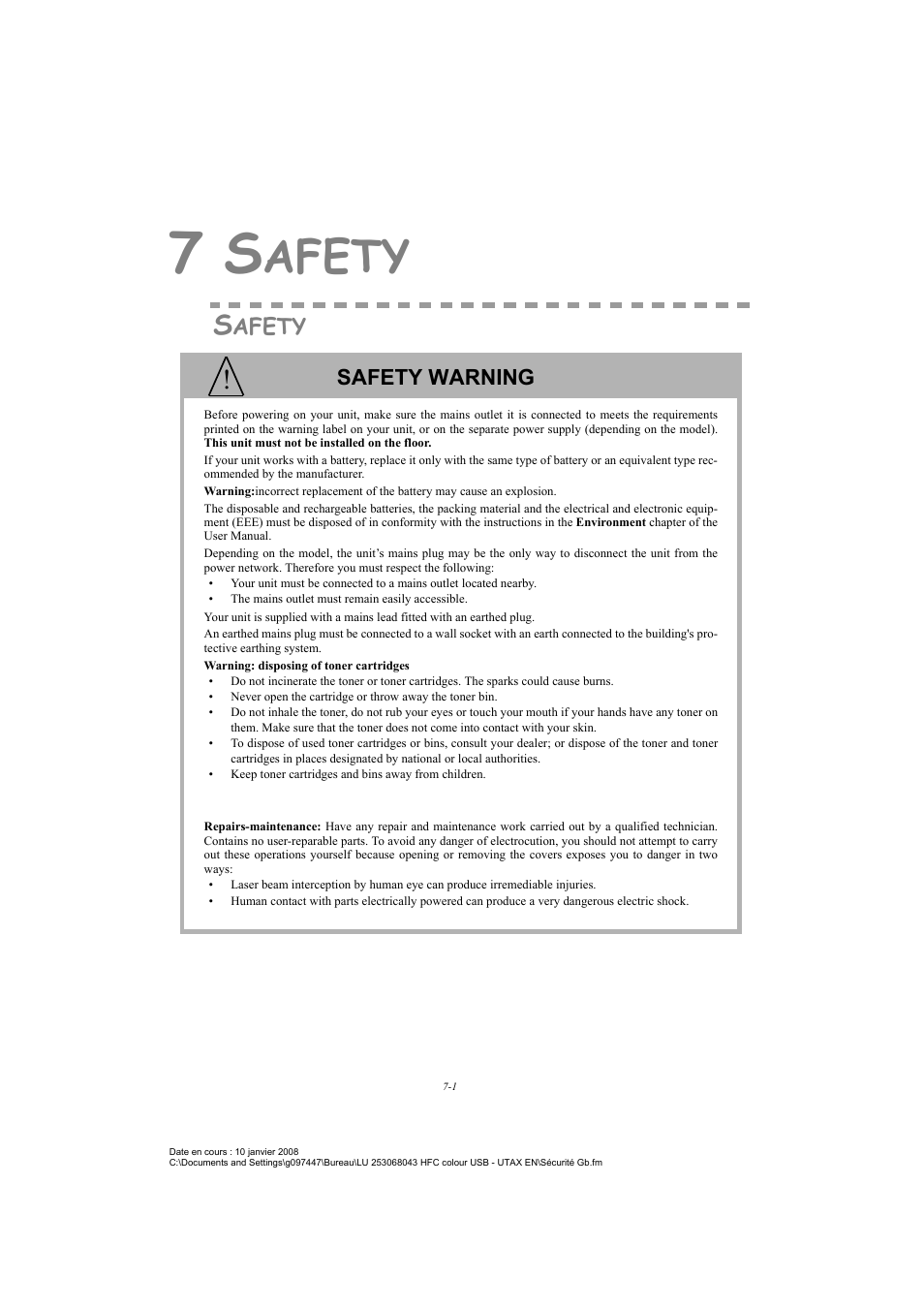 7 safety, Safety, Afety | Safety warning | TA Triumph-Adler CLP 4524 User Manual | Page 159 / 162