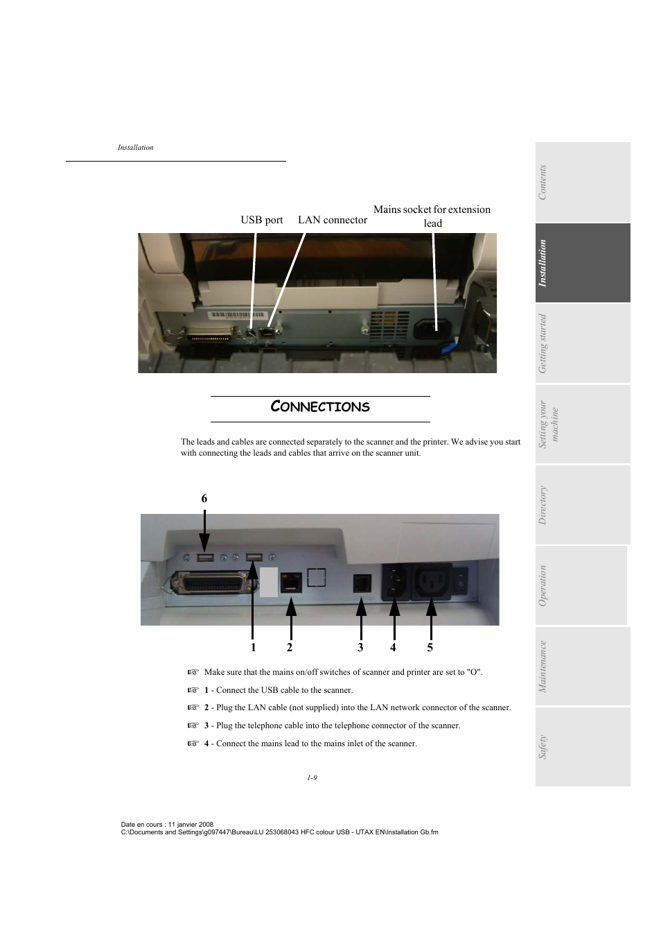 Connections, Connecting the leads and cables to the scanner, Onnections | TA Triumph-Adler CLP 4524 User Manual | Page 17 / 162