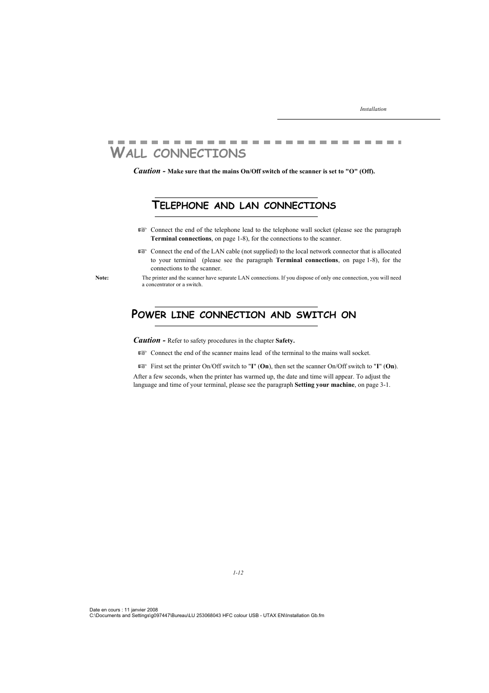 Wall connections, Telephone and lan connections, Power line connection and switch on | Connections | TA Triumph-Adler CLP 4524 User Manual | Page 20 / 162