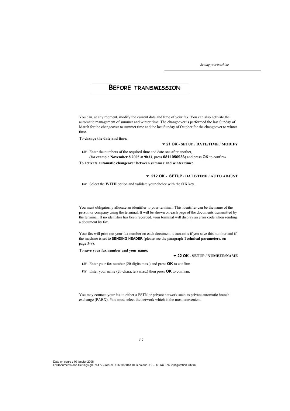 Before transmission, Date/time, Your fax number/your name | Type of network, P. 3-2, Efore, Transmission | TA Triumph-Adler CLP 4524 User Manual | Page 40 / 162