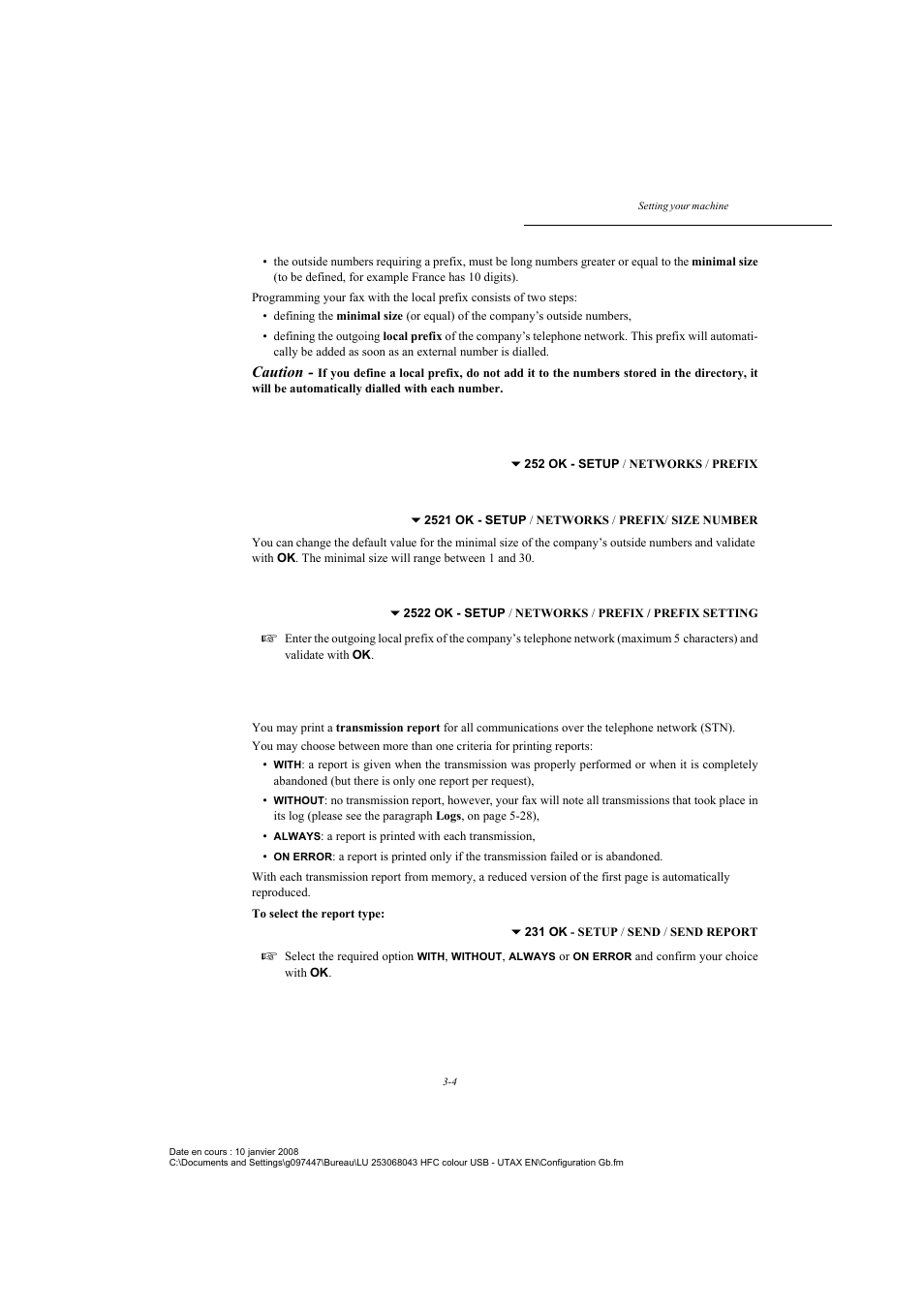 Prefix, Transmission report, P. 3-4 | Caution, Defining the minimal size, Defining the local prefix | TA Triumph-Adler CLP 4524 User Manual | Page 42 / 162