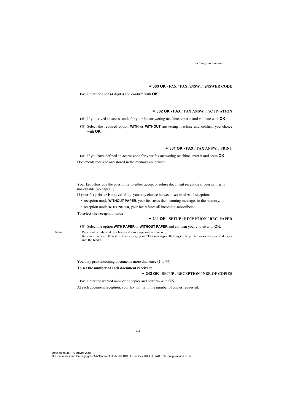 Reception without paper, Number of copies, P. 3-6 | Saving an access code, Activating or deactivating the answering machine | TA Triumph-Adler CLP 4524 User Manual | Page 44 / 162