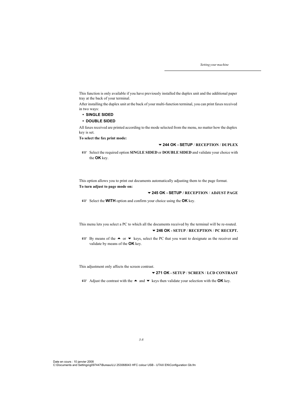 Duplex printing (depending on model), Selecting the reception pc, Adjusting the screen contrast | P. 3-8, Adjust to page | TA Triumph-Adler CLP 4524 User Manual | Page 46 / 162