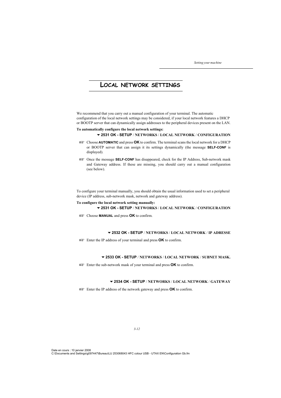 Local network settings, Automatic configuration, Manual configuration | P. 3-12, Ocal, Network, Settings | TA Triumph-Adler CLP 4524 User Manual | Page 50 / 162