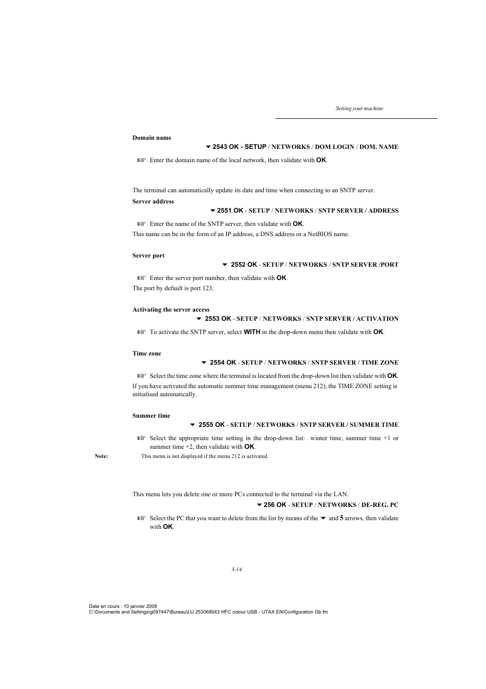 P. 3-14, Sntp server configuration, Pc de-registering | TA Triumph-Adler CLP 4524 User Manual | Page 52 / 162