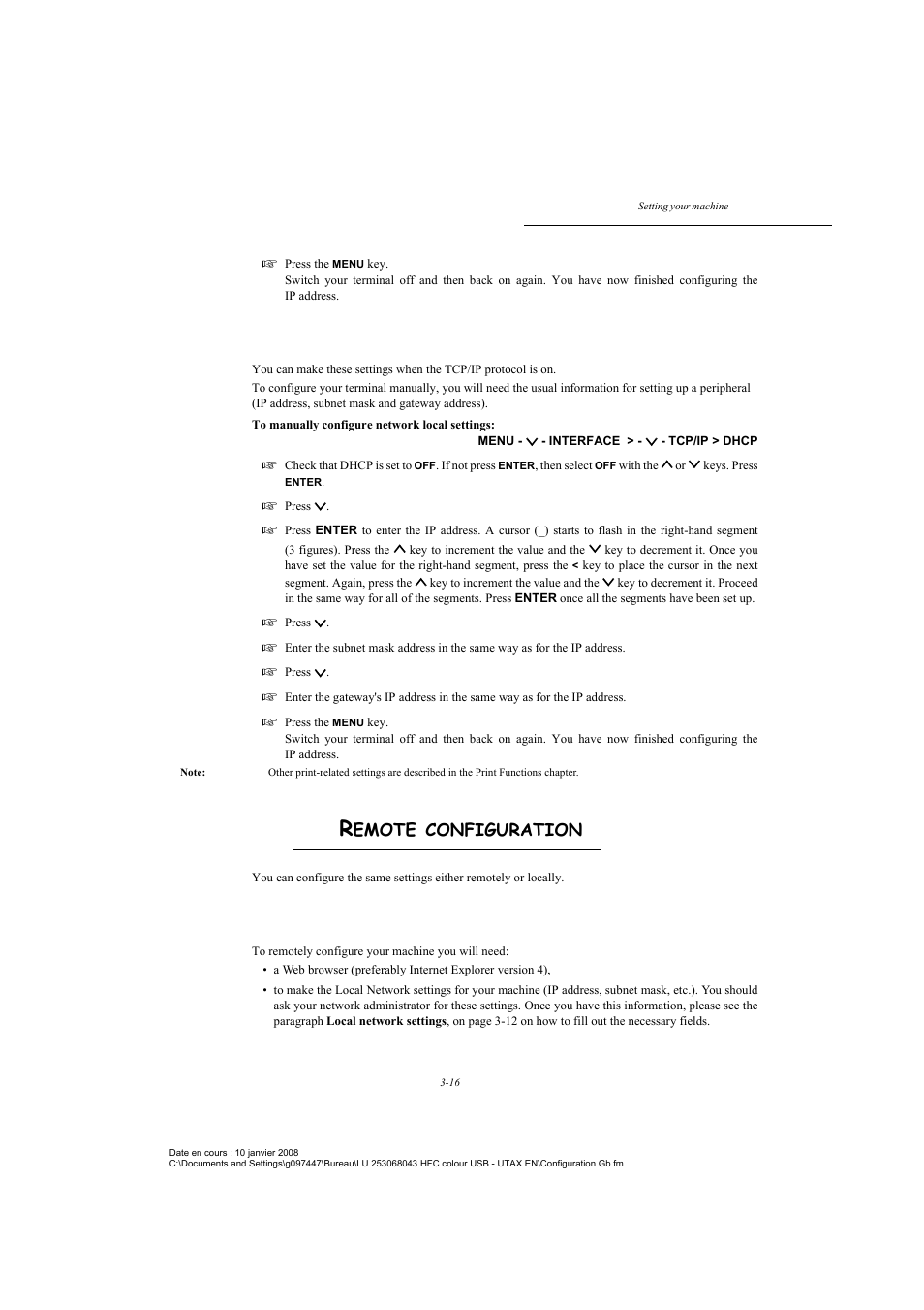 Manually configuring ip settings, Remote configuration, System requirements | Emote, Configuration | TA Triumph-Adler CLP 4524 User Manual | Page 54 / 162