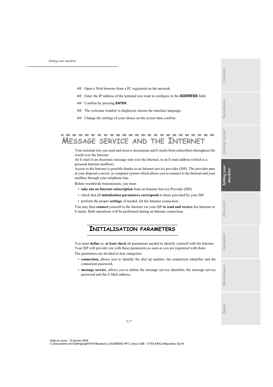 Accessing the web server, Message service and the internet, Initialisation parameters | Essage, Service, Nternet | TA Triumph-Adler CLP 4524 User Manual | Page 55 / 162