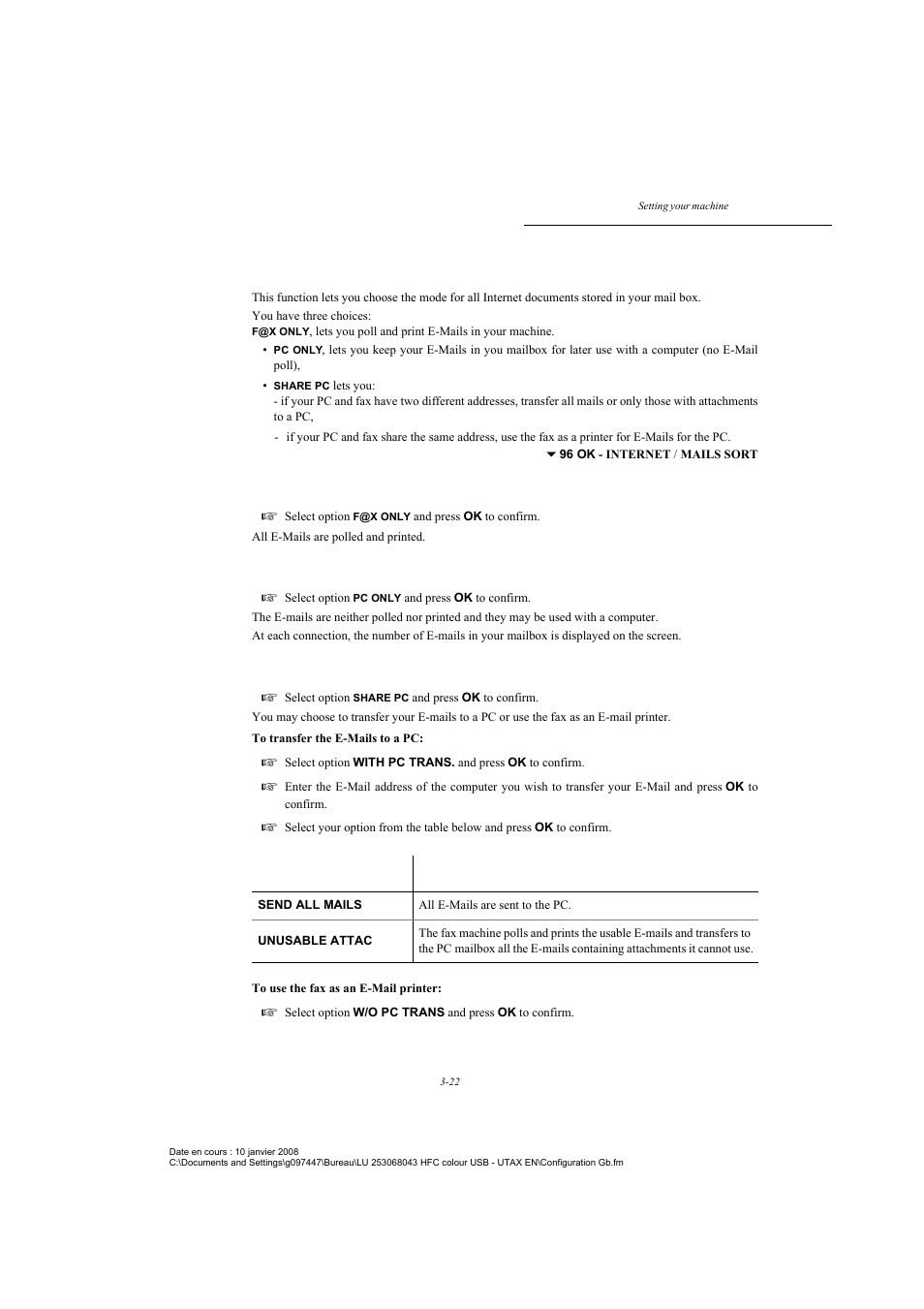 Mail sorting, F@x only mode, Pc only mode | Share pc mode | TA Triumph-Adler CLP 4524 User Manual | Page 60 / 162