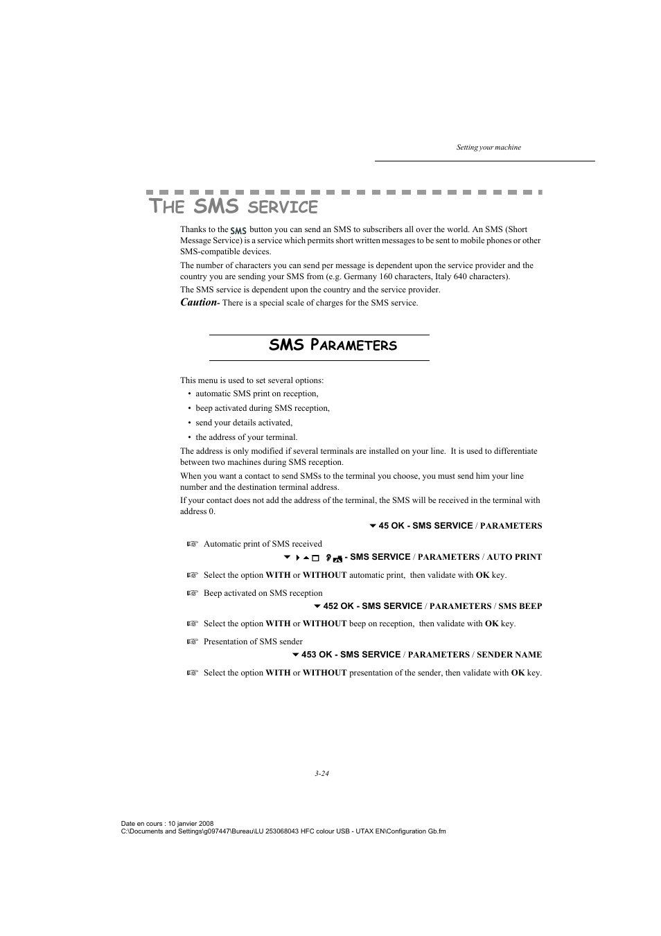 The sms service, Sms parameters, Service | Sms p, Arameters | TA Triumph-Adler CLP 4524 User Manual | Page 62 / 162