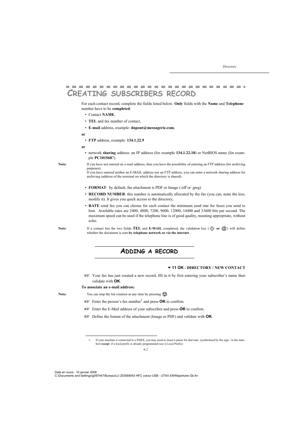 Creating subscribers record, Adding a record, P. 4-2 | Reating, Subscribers, Record, Dding | TA Triumph-Adler CLP 4524 User Manual | Page 68 / 162