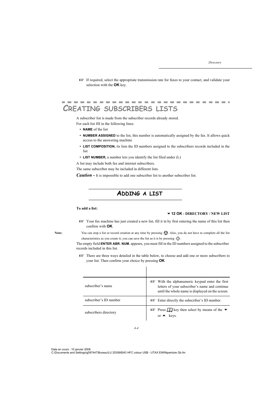 Creating subscribers lists, Adding a list, P. 4-4 | Reating, Subscribers, Lists, Dding, List | TA Triumph-Adler CLP 4524 User Manual | Page 70 / 162