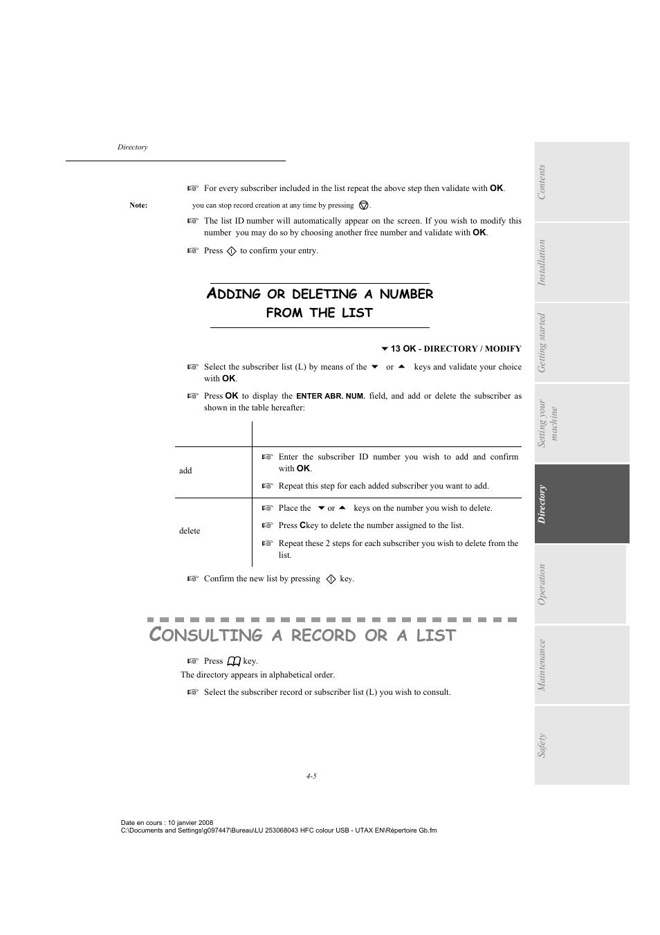 Adding or deleting a number from the list, Consulting a record or a list, Adding or deleting a number | From the list, Onsulting, Record, List | TA Triumph-Adler CLP 4524 User Manual | Page 71 / 162