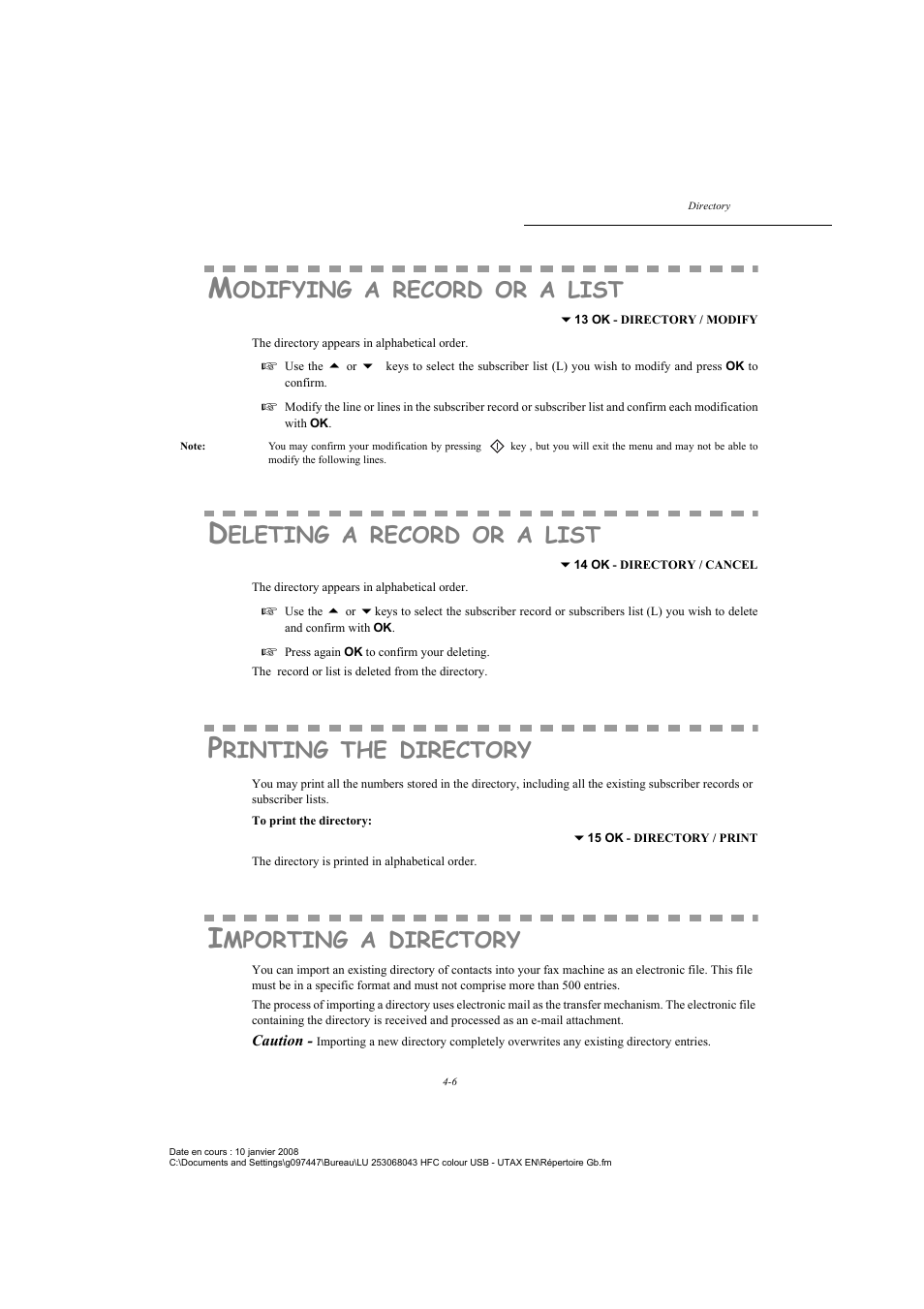 Modifying a record or a list, Deleting a record or a list, Printing the directory | Importing a directory, P. 4-6, Odifying, Record, List, Eleting, Rinting | TA Triumph-Adler CLP 4524 User Manual | Page 72 / 162