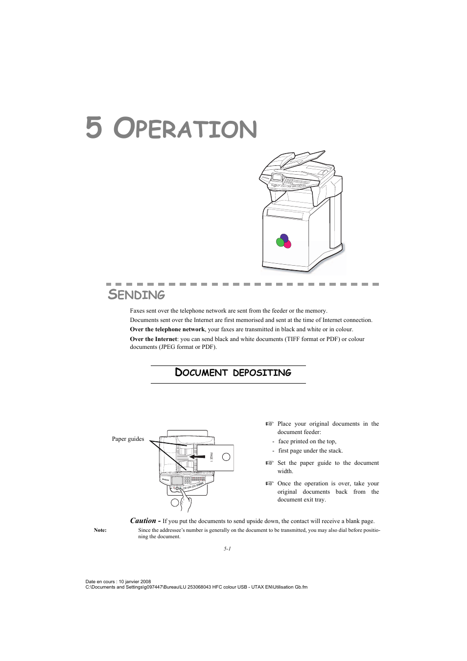 5 operation, Sending, Document depositing | Scanner, Peration, Please see the paragraph document depositing, Please see the paragraph document depositing , on, Ending | TA Triumph-Adler CLP 4524 User Manual | Page 77 / 162