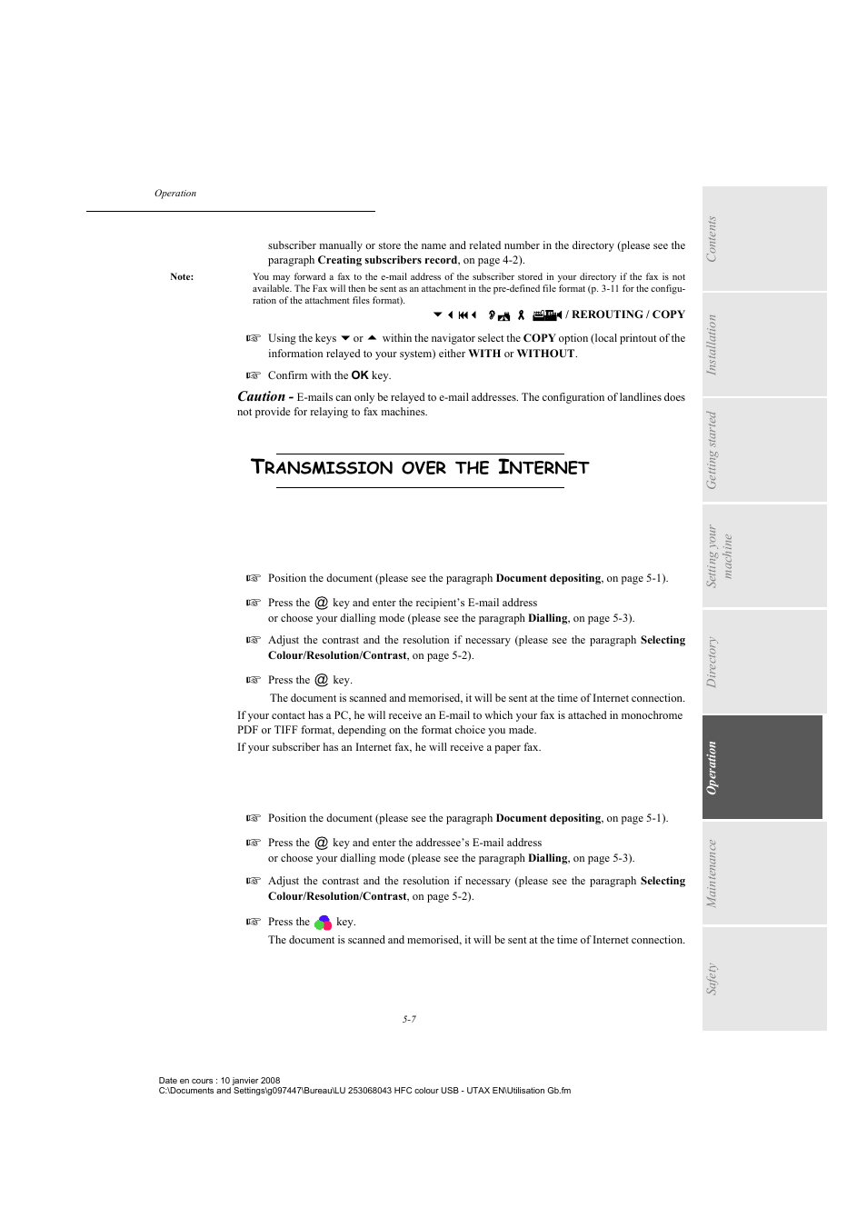 Transmission over the internet, Sending a colour document to an e-mail address, P. 5-7 | Ransmission, Over, Nternet | TA Triumph-Adler CLP 4524 User Manual | Page 83 / 162